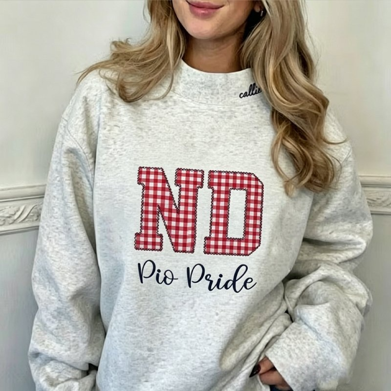 Custom Gingham Appliqué Sweatshirt Personalized Plaid Name Crewneck Cozy Embroidered Mock Neck Pullover