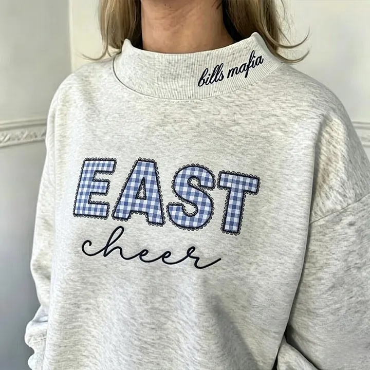 Custom Gingham Appliqué Sweatshirt Personalized Plaid Name Crewneck Cozy Embroidered Mock Neck Pullover