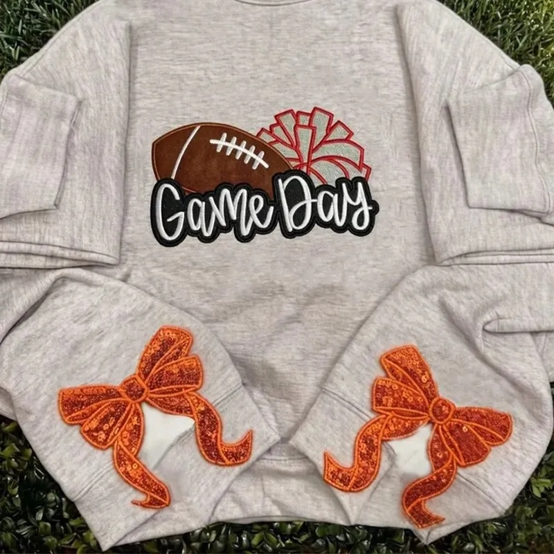 Custom Game Day Football Pom Pom Applique Sweatshirt with Sequin Side Bow