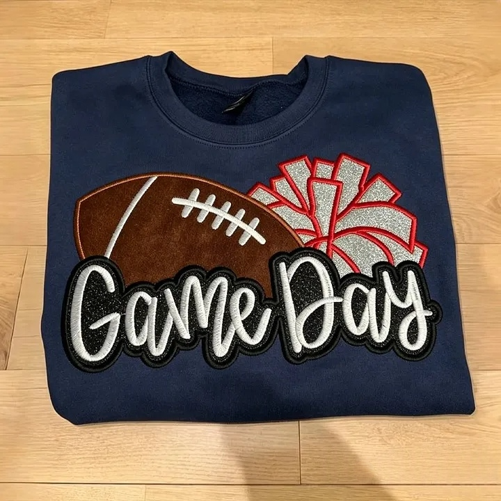 Custom Game Day Football Pom Pom Applique Sweatshirt with Sequin Side Bow