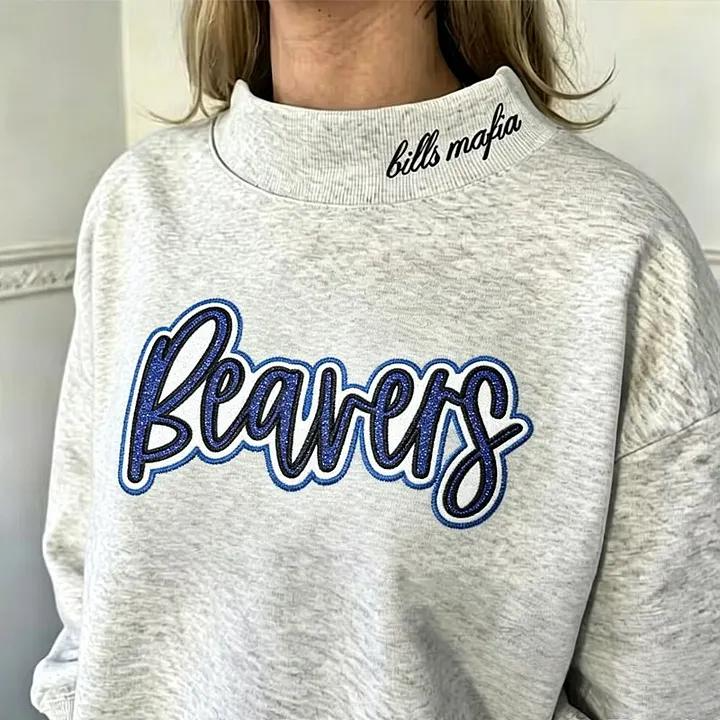Personalized Bling Sweatshirt Custom Glitter Text Crewneck Cozy Embroidered Mock Neck Pullover