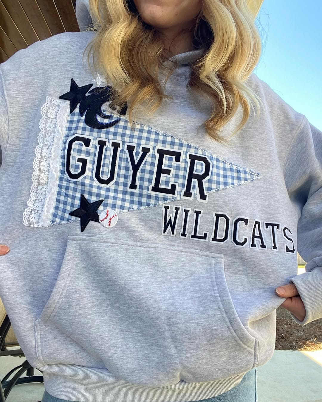 Custom Mascot Pennant Hooded Sweatshirt Gingham Lace Applique Game Day Apparel