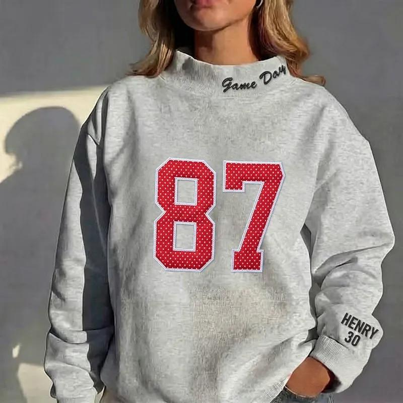 Custom Sports Number Applique Sweatshirt Gingham Patchwork Jersey– Stand-up Collar