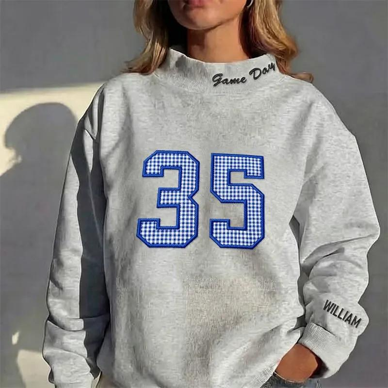 Custom Sports Number Applique Sweatshirt Gingham Patchwork Jersey– Stand-up Collar