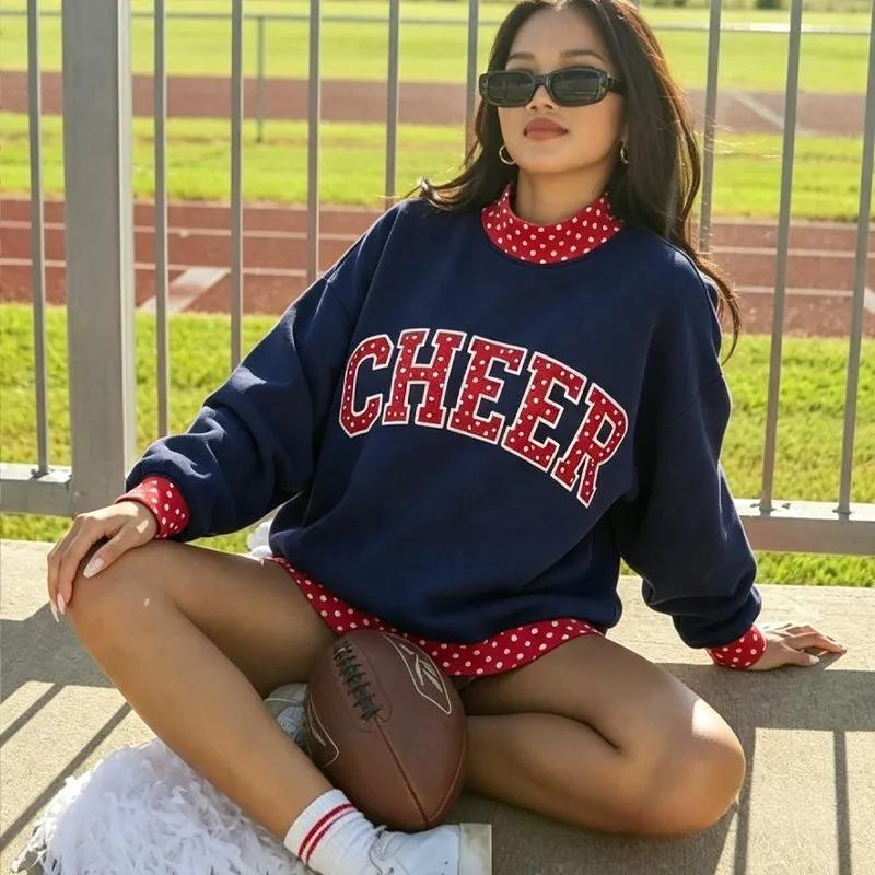 Custom Gingham Patchwork Embroidery College Team Polka Dot Check Neck Pullover
