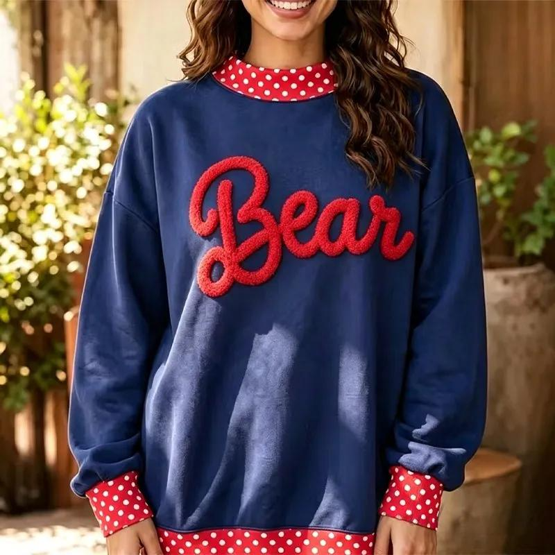 Custom Chenille YARN Embroidery College Team Polka Dot Check Neck Pullover
