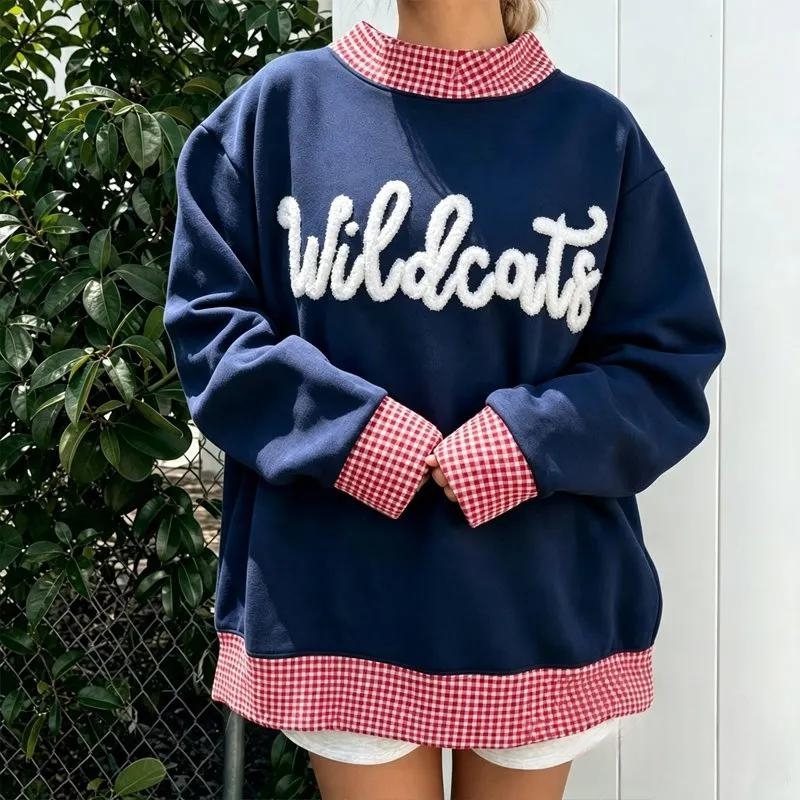 Custom Chenille YARN Embroidery College Team Polka Dot Check Neck Pullover