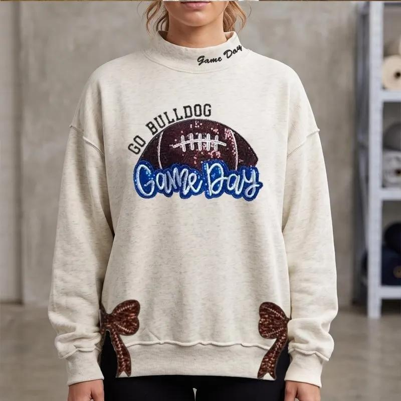Personalized Sequin Embroidery Football Game Day Mockneck With Side Bows Football Game day Stand-up Collar Apparel