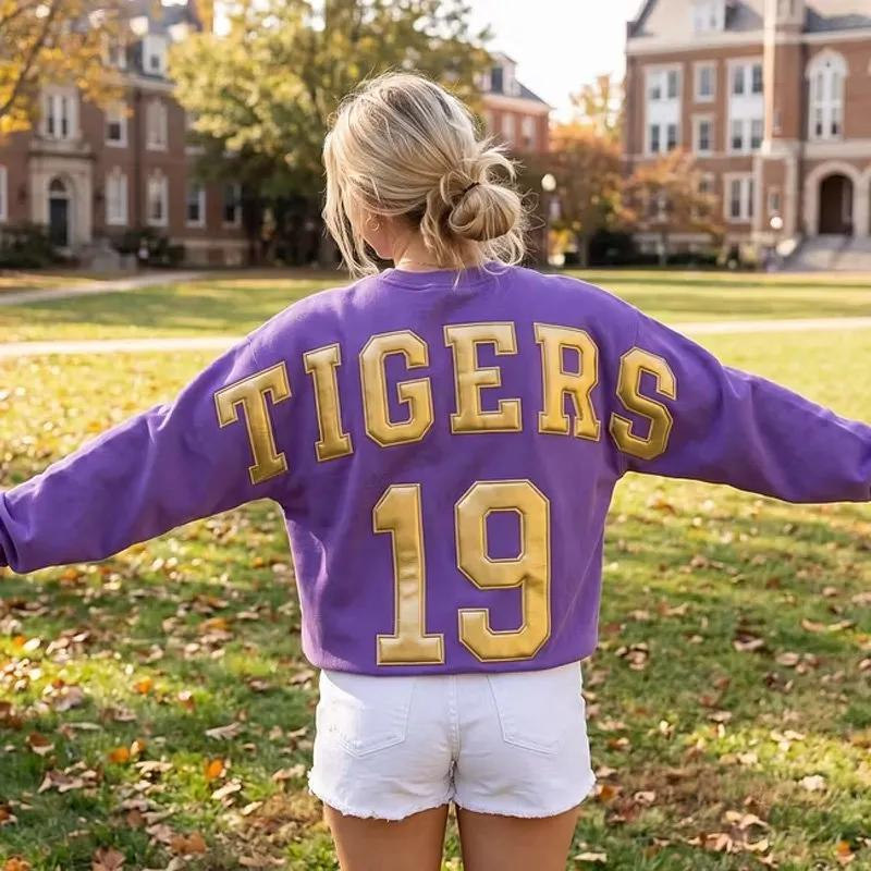 Custom Metallic Puff Football Sweatshirt Personalized Team Name and Number Jersey Game Day Spirit Crewneck
