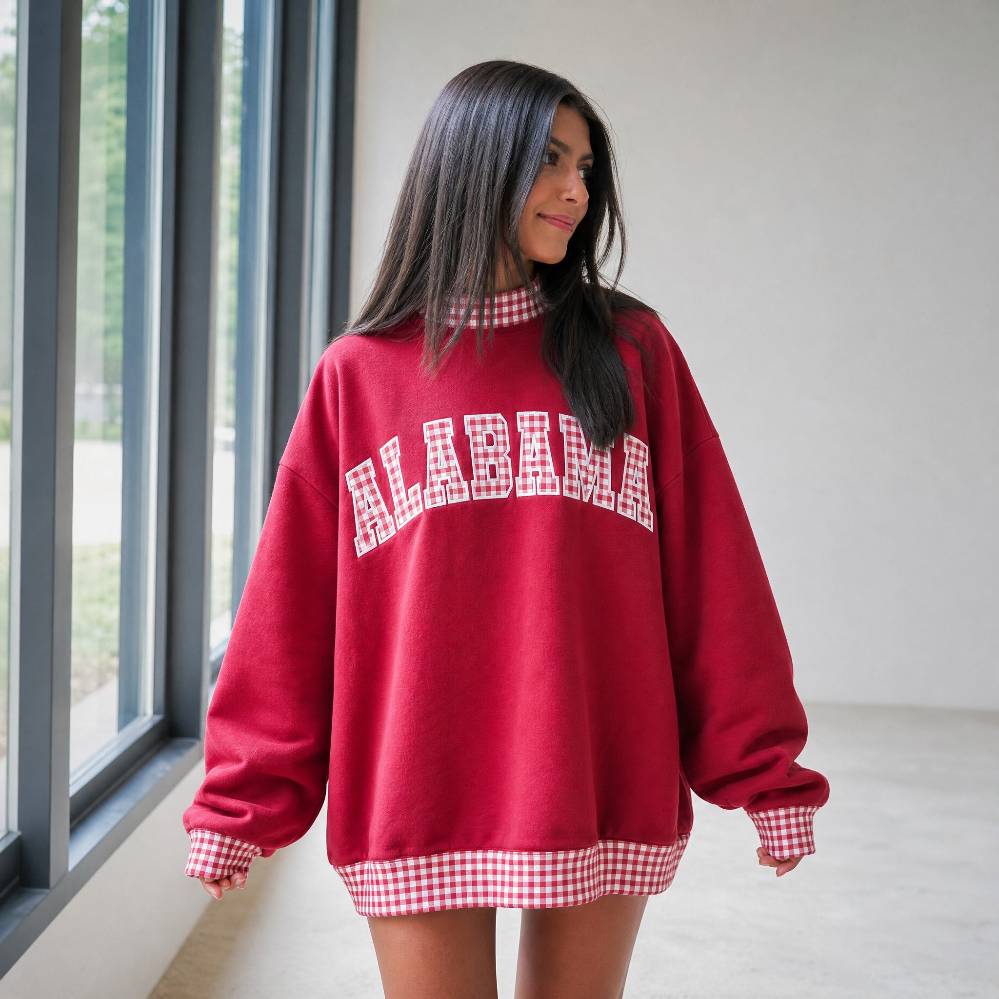 Custom Alabama Patchwork Gingham Mockneck Sweatshirt – Custom College Team Oversized Pullover | Game Day Wear