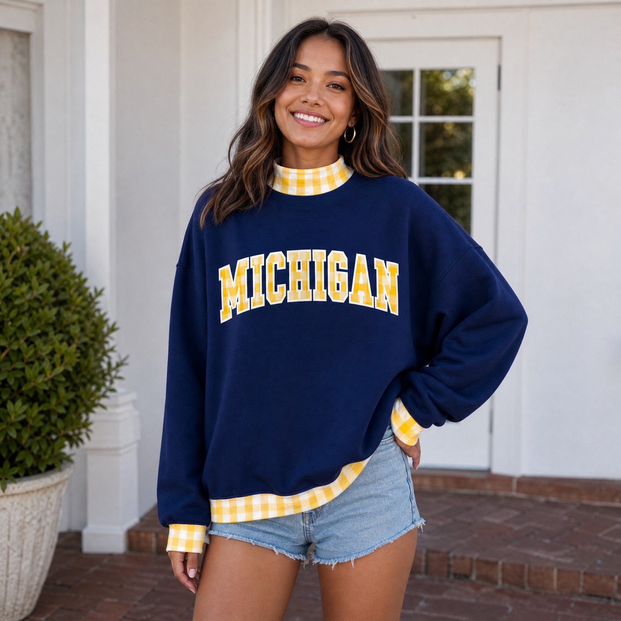 Custom Michigan Patchwork Gingham Mock Neck Sweatshirt – College Team Oversized Pullover | Game Day Wear