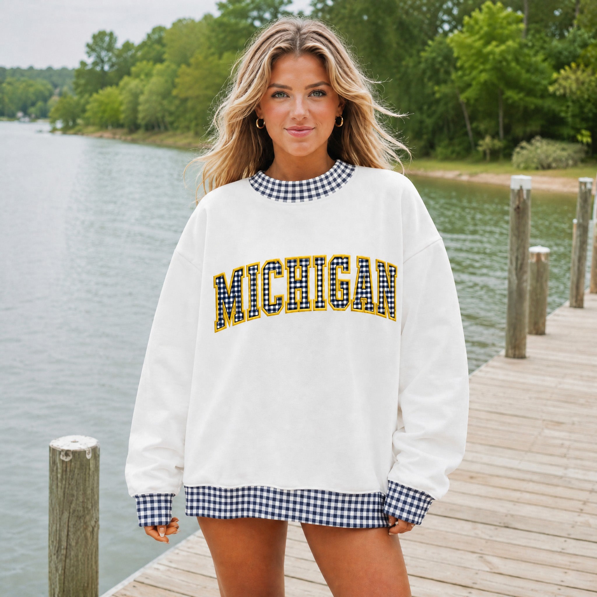 Custom Michigan Patchwork Gingham Mock Neck Sweatshirt – College Team Oversized Pullover | Game Day Wear