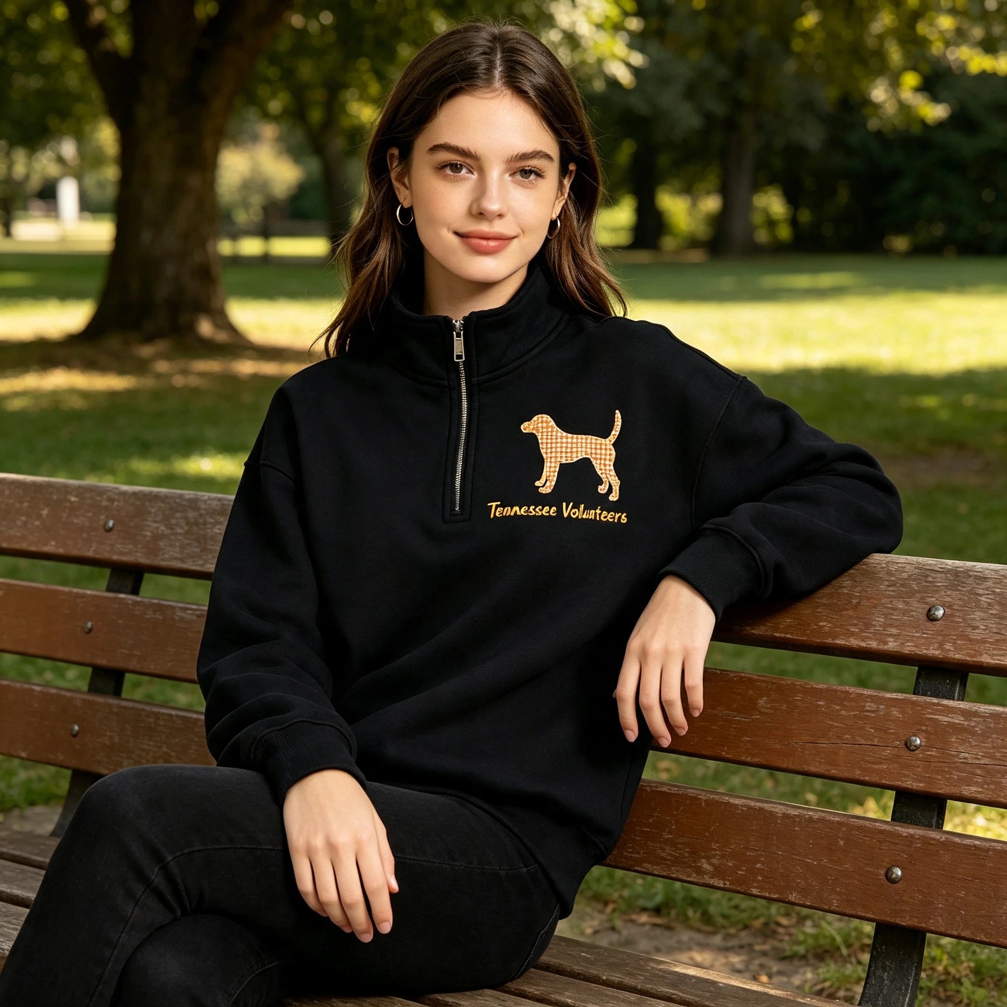 Custom Team Spirit Quarter-Zip Sweatshirt | Gingham Dog Applique Embroidered Pullover | Game Day Wear