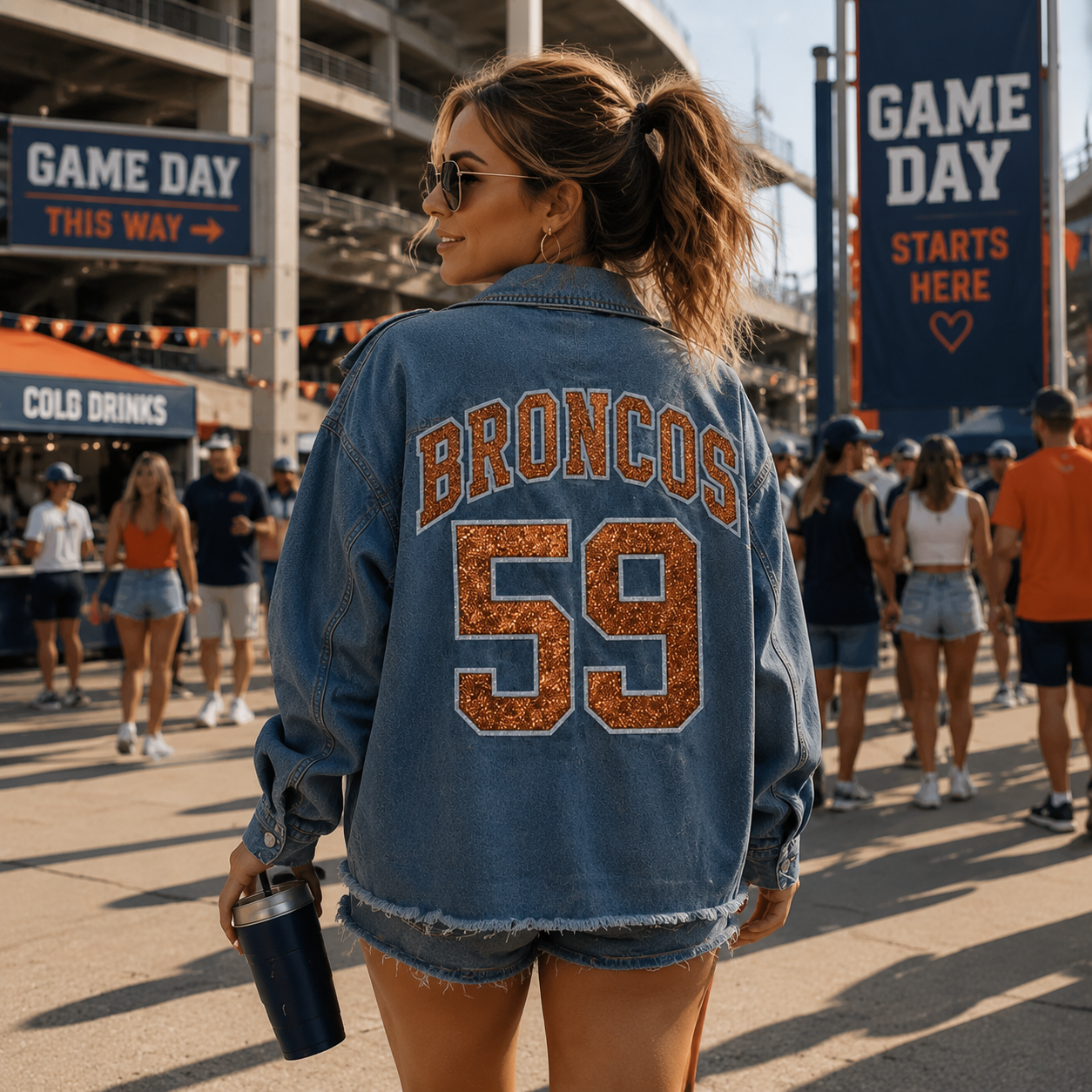 Custom College Game Day Denim Jacket – Personalized Varsity Letter & Sequin Number Jacket, Tailgate Outfit for Football Fans | Game Day Wear