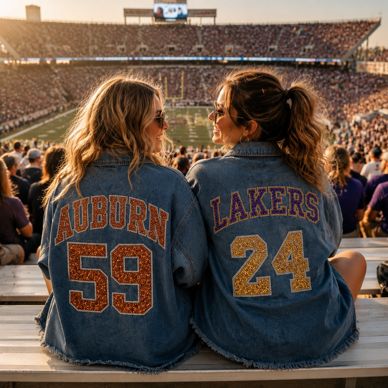 Custom College Game Day Denim Jacket – Personalized Varsity Letter & Sequin Number Jacket, Tailgate Outfit for Football Fans | Game Day Wear