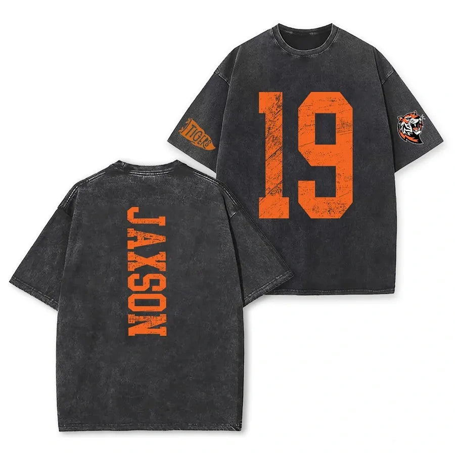 Custom Vintage Varsity Number & Name Washed T-Shirt – Personalized Game Day School Spirit Tee | Game Day Wear
