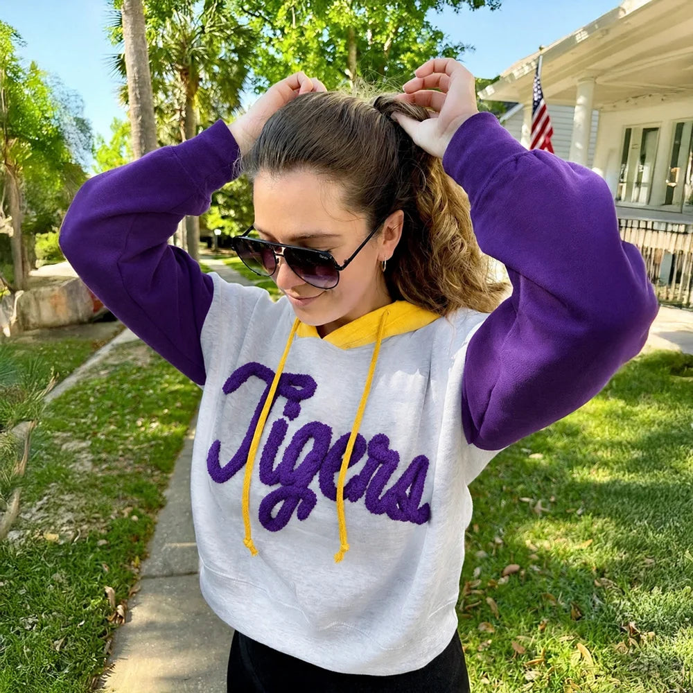 Custom Two-Tone Chenille Embroidered Hoodie – Personalized Team Name Colorblock Sweatshirt | Game Day Wear