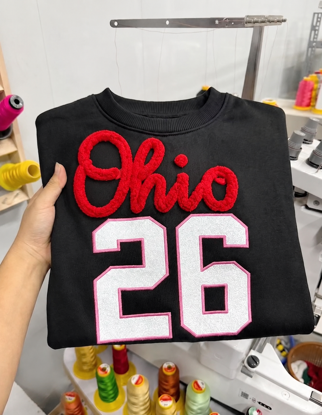 Custom Yarn Embroidered Team Name Glitter Number Sweatshirt | Personalized Game Day Sports Sweatshirt | Game Day Wear