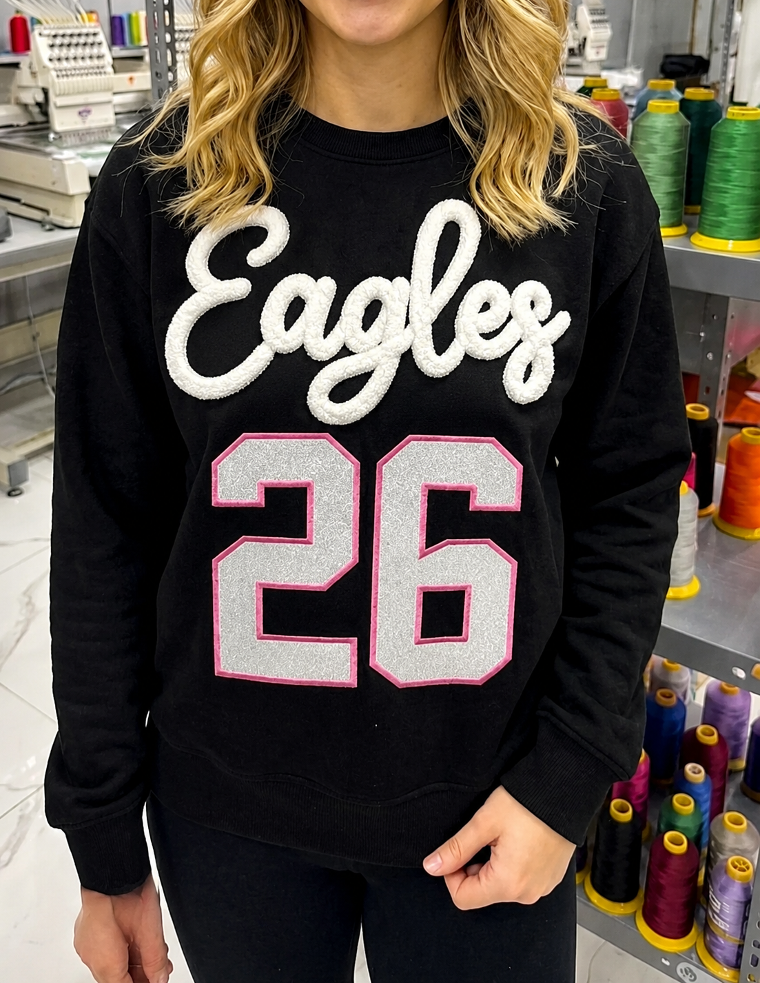 Custom Yarn Embroidered Team Name Glitter Number Sweatshirt | Personalized Game Day Sports Sweatshirt | Game Day Wear