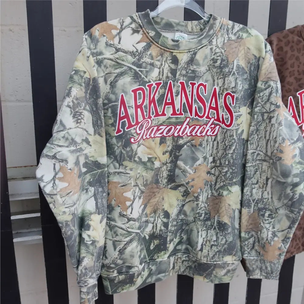 Custom Vintage 90s Old School Forest Camo Arkansas Razorbacks Oversized Sweatshirt | Game Day Wear