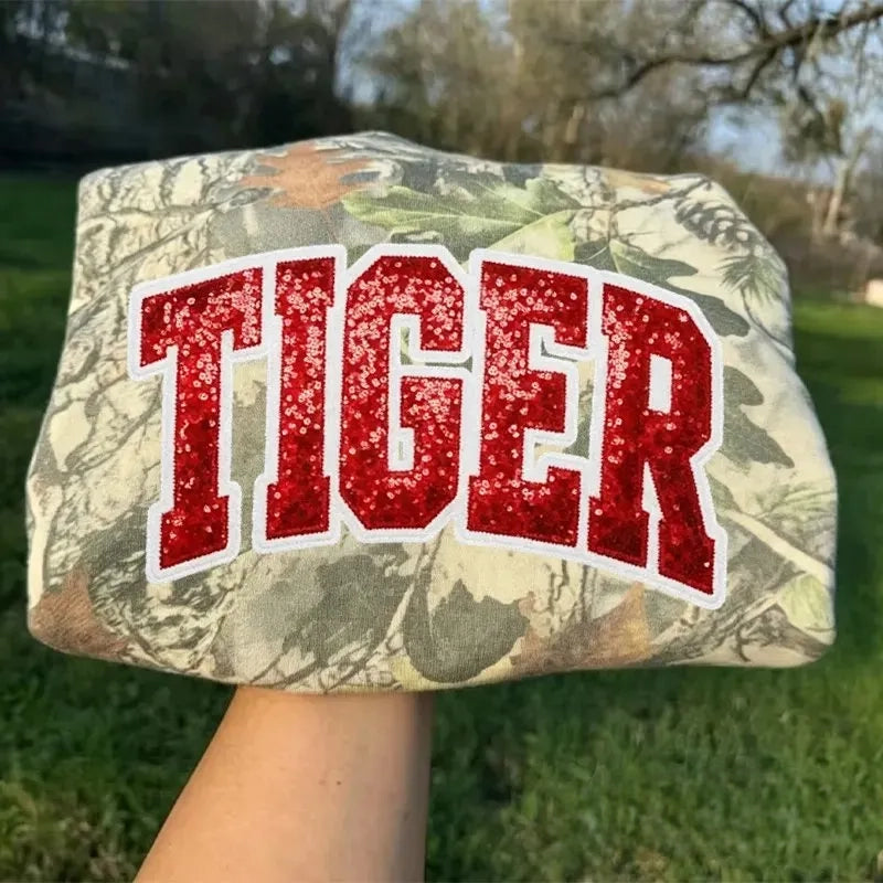 Personalized Team Name Sequin Sweatshirt – Custom Camo & Leopard Print Game Day Crewneck, Hoodie or T-Shirt | Game Day Wear