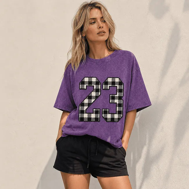 Custom Washed Number T-shirt - Gingham Applique Embroidered Varsity Game Day Shirt