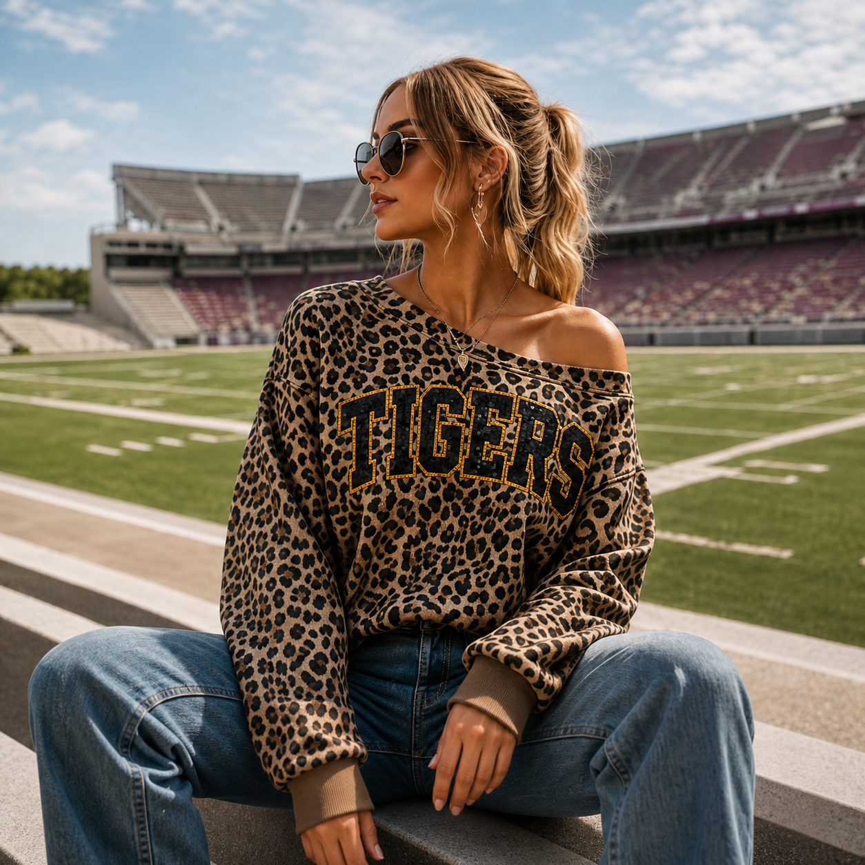 Personalized Leopard Embroidered Off-Shoulder Game Day Sweatshirt - Custom Team Name Sequin Spirit Wear