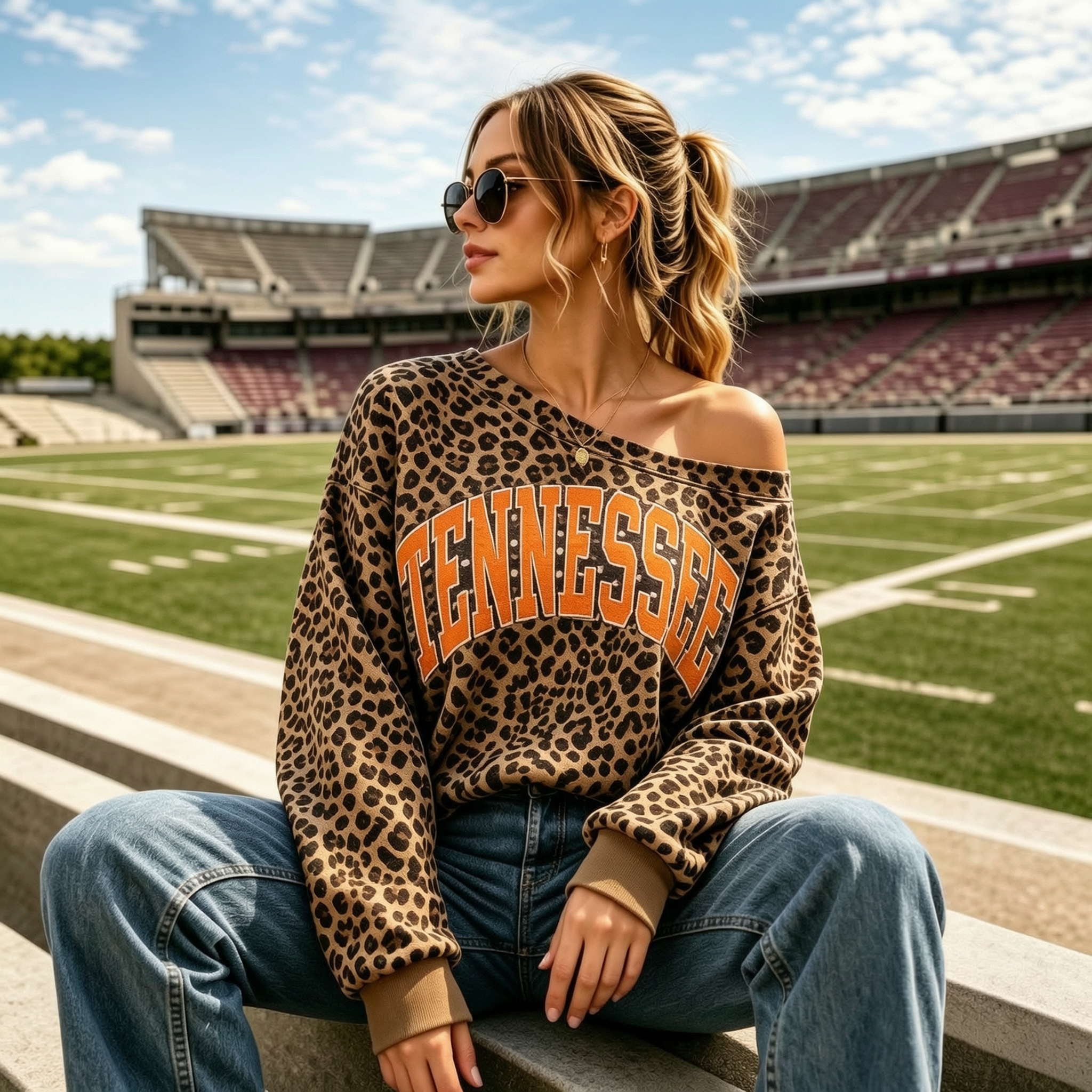 Custom Leopard Off-Shoulder Sweatshirt - Personalized Game Day Spirit Wear