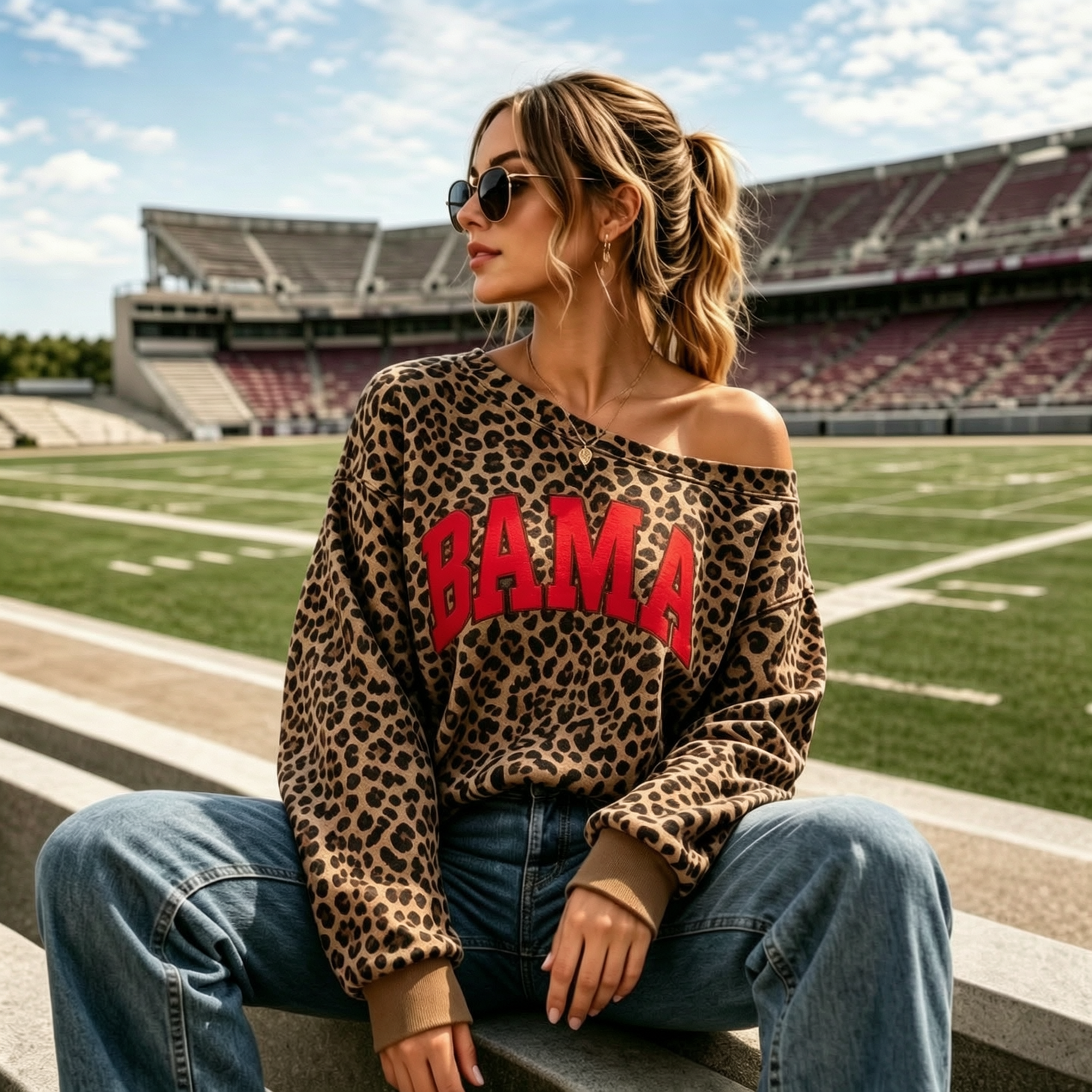 Custom Leopard Off-Shoulder Sweatshirt - Personalized Game Day Spirit Wear
