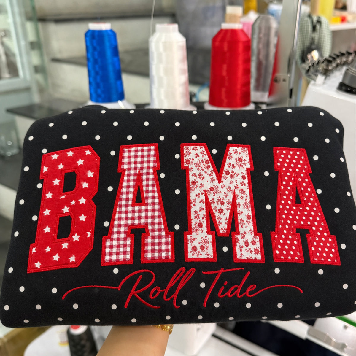 Custom Patchwork Fabric Embroidered School Name Polka Dot Sweatshirt School Spirit | Game Day Wear