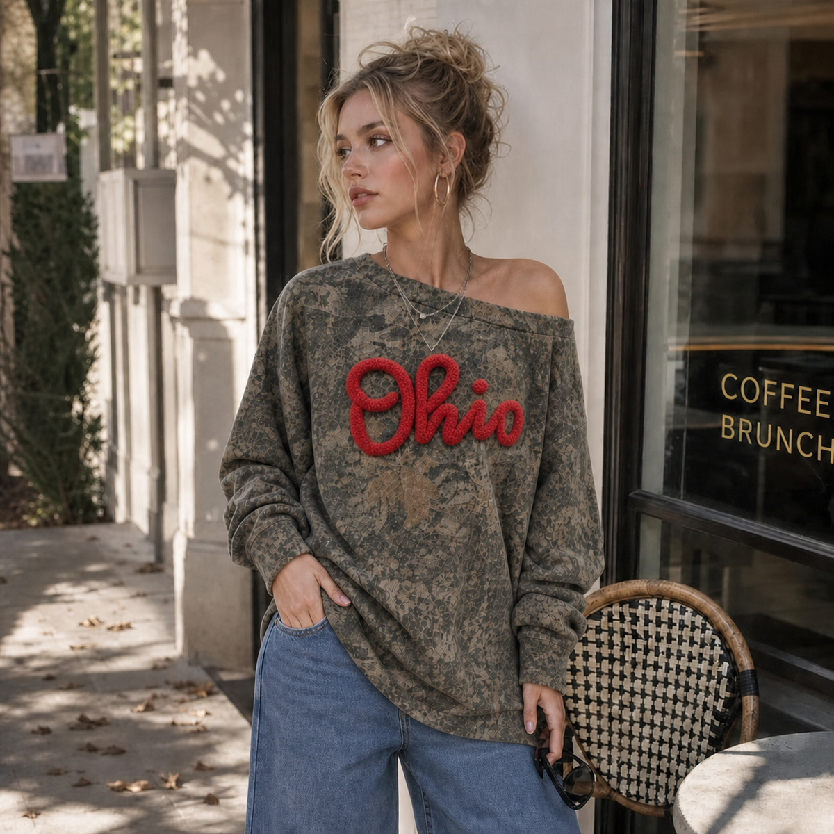 Custom Camo Off-Shoulder Chenille Sweatshirt - Personalized Game Day Team Spirit Pullover