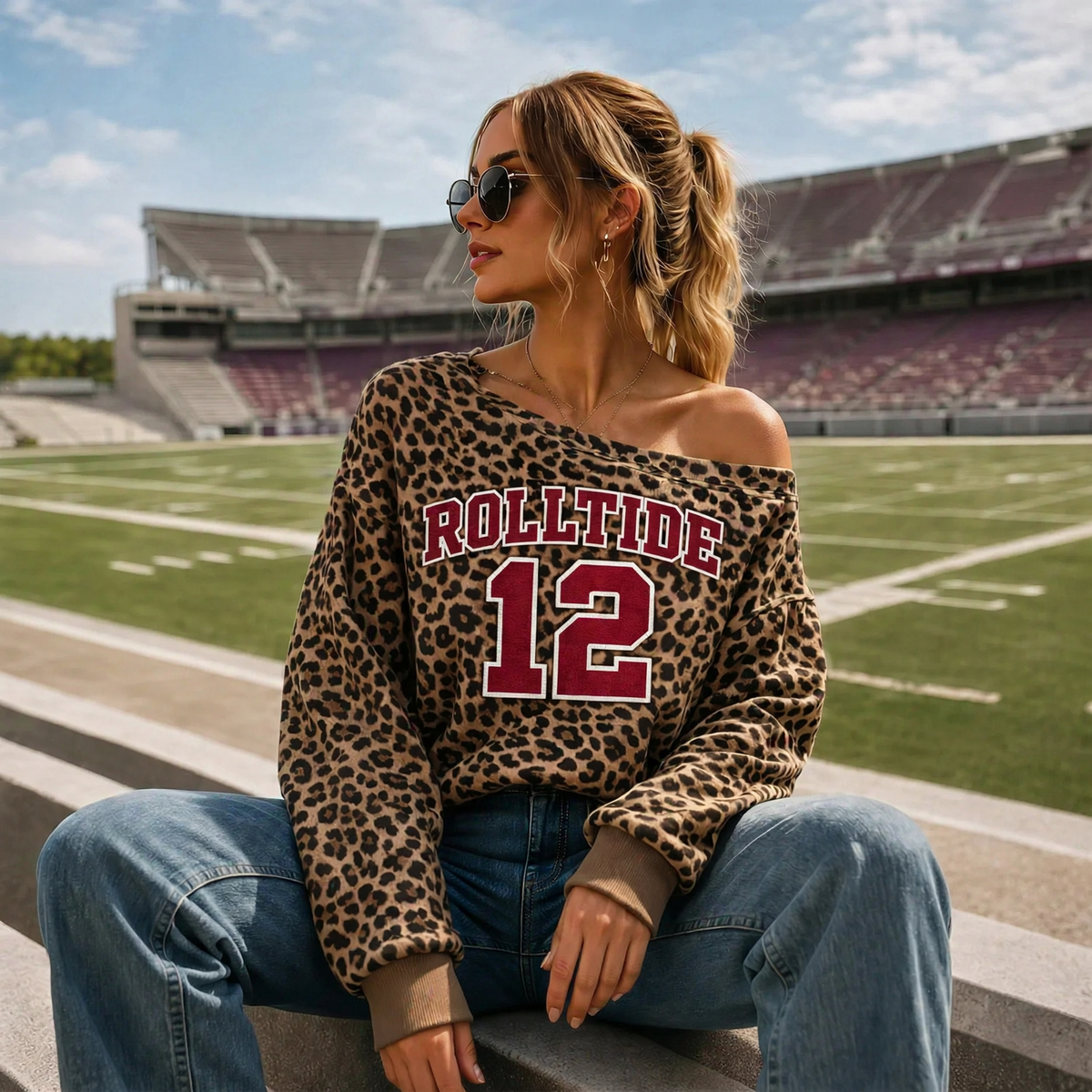 Custom Off-Shoulder Leopard Sweatshirt | Personalized Team Name & Number - Game Day Spirit Jersey