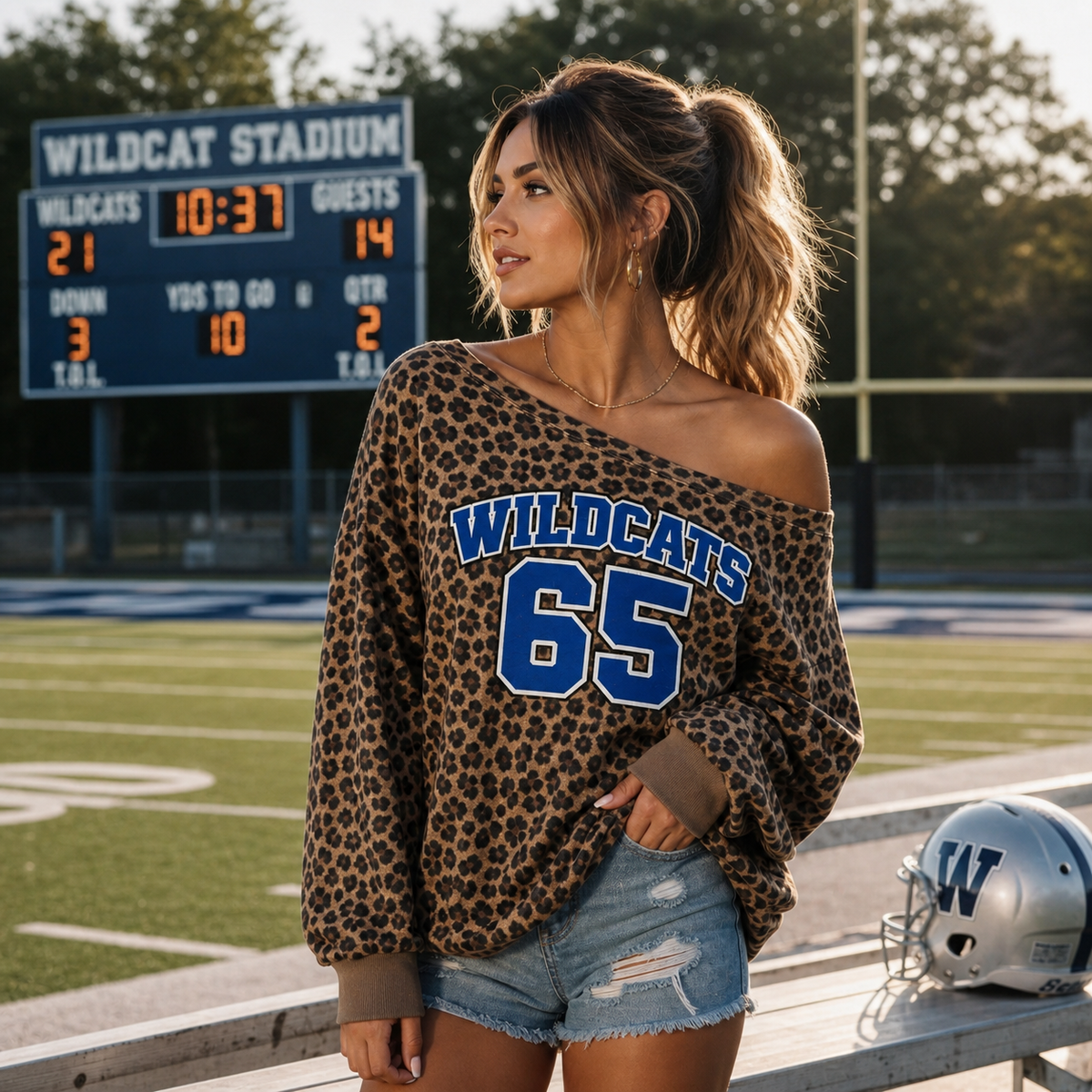 Custom Off-Shoulder Leopard Sweatshirt | Personalized Team Name & Number - Game Day Spirit Jersey