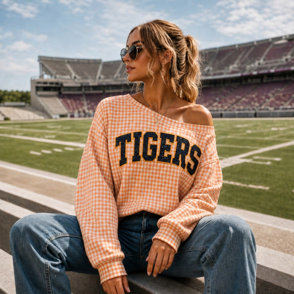 Personalized Sequin Team Name Gingham One-Shoulder Sweatshirt - Custom Game Day Spirit Top