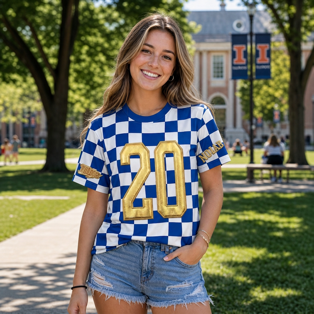 Custom Metallic Puff Number Checkered T-Shirt | Personalized Team Name Game Day Tee | Game Day Wear