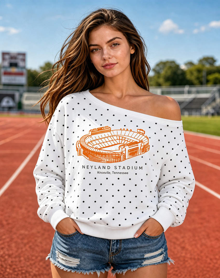 Custom Football Stadium Polka Dot Off-Shoulder Sweatshirt | Personalized Game Day Tailgate Pullover