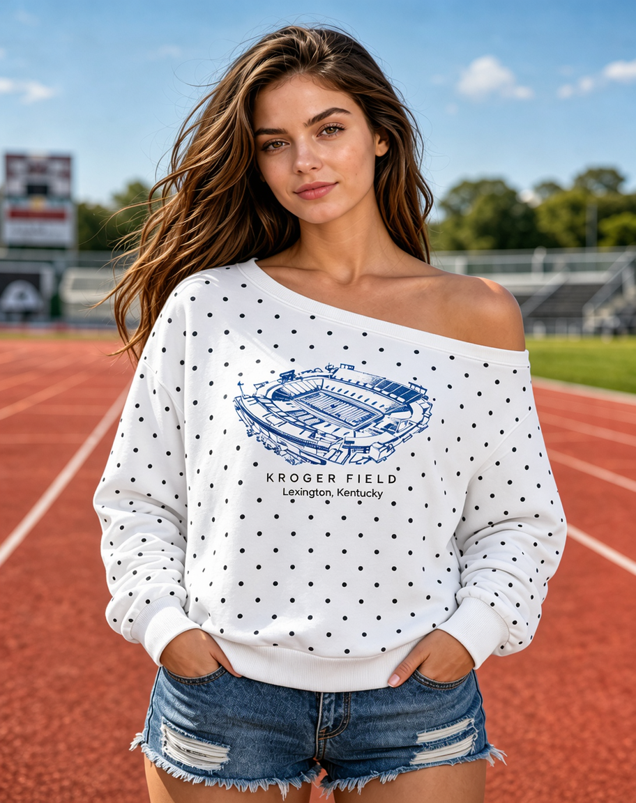 Custom Football Stadium Polka Dot Off-Shoulder Sweatshirt | Personalized Game Day Tailgate Pullover