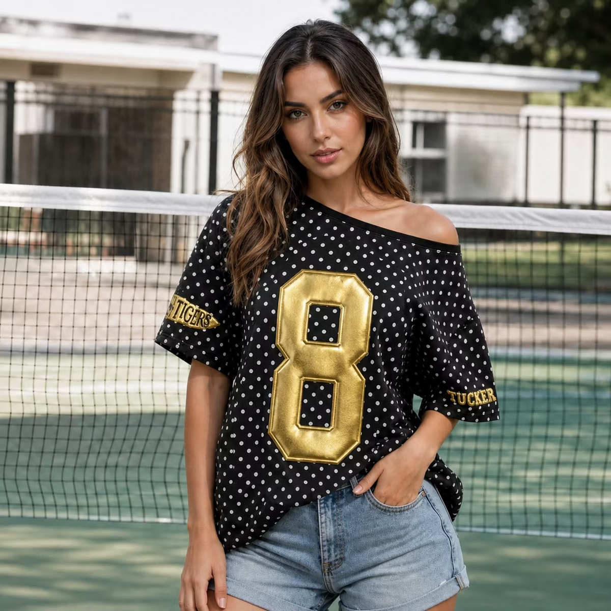 Custom Metallic Puff Varsity Number Off-Shoulder Polka Dot Sweatshirt - Personalized Vintage Jersey
