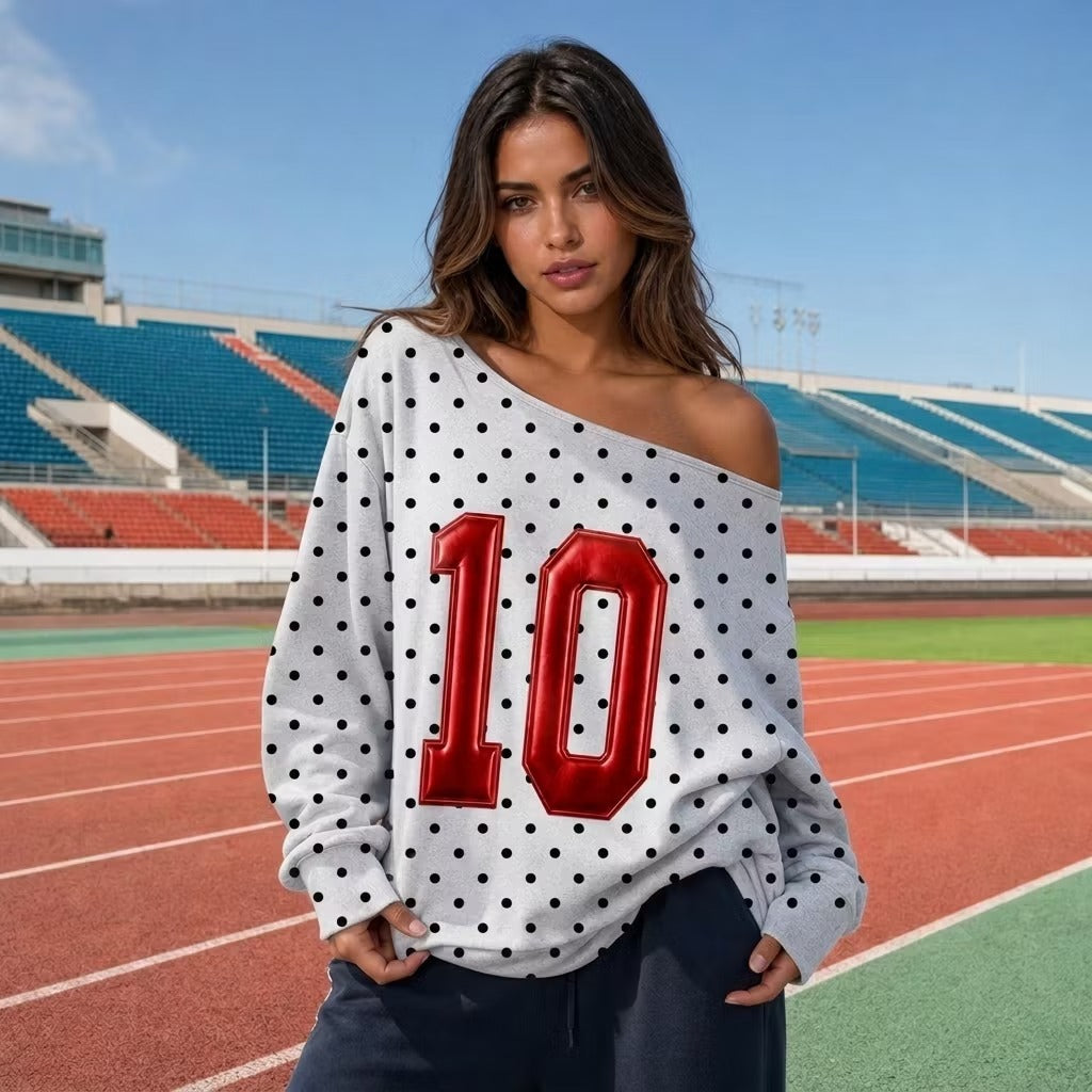 Custom Metallic Puff Varsity Number Off-Shoulder Polka Dot Sweatshirt - Personalized Vintage Jersey