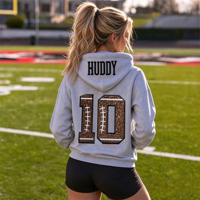 Personalized Football Sequin Number Hoodie Custom Embroidered Name Game Day Sweatshirt For Women