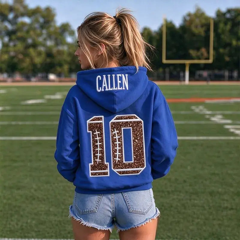 Personalized Football Sequin Number Hoodie Custom Embroidered Name Game Day Sweatshirt For Women