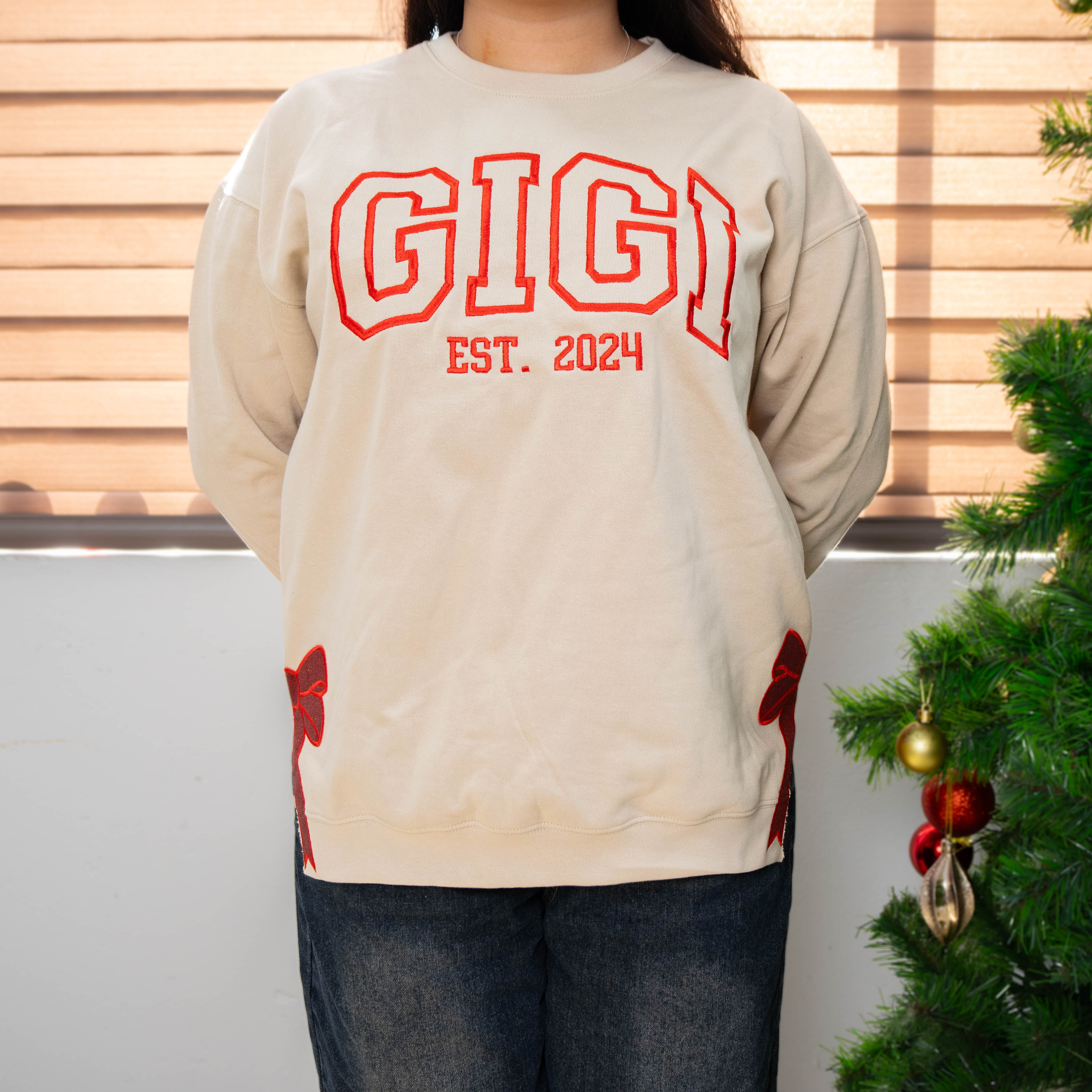 Custom Embroidered Christmas Bow Embellished Sweatshirt with Date