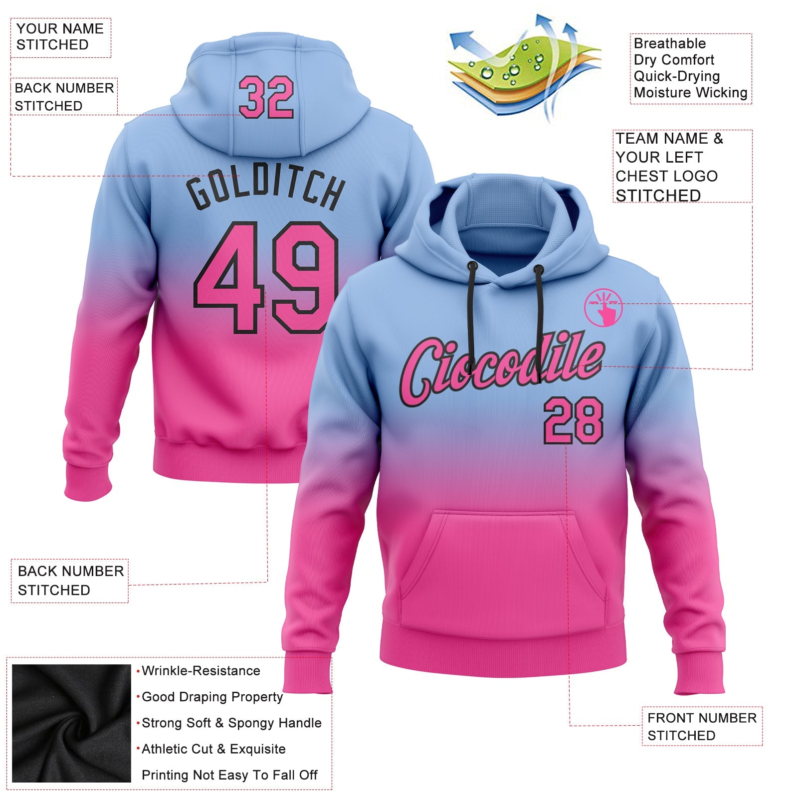 Custom Light Blue Pink-Black Fade Fashion Sports Pullover Sweatshirt Hoodie