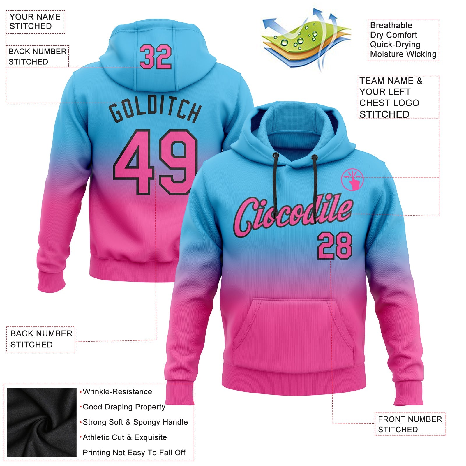 Custom Sky Blue Pink-Black Fade Fashion Sports Pullover Sweatshirt Hoodie