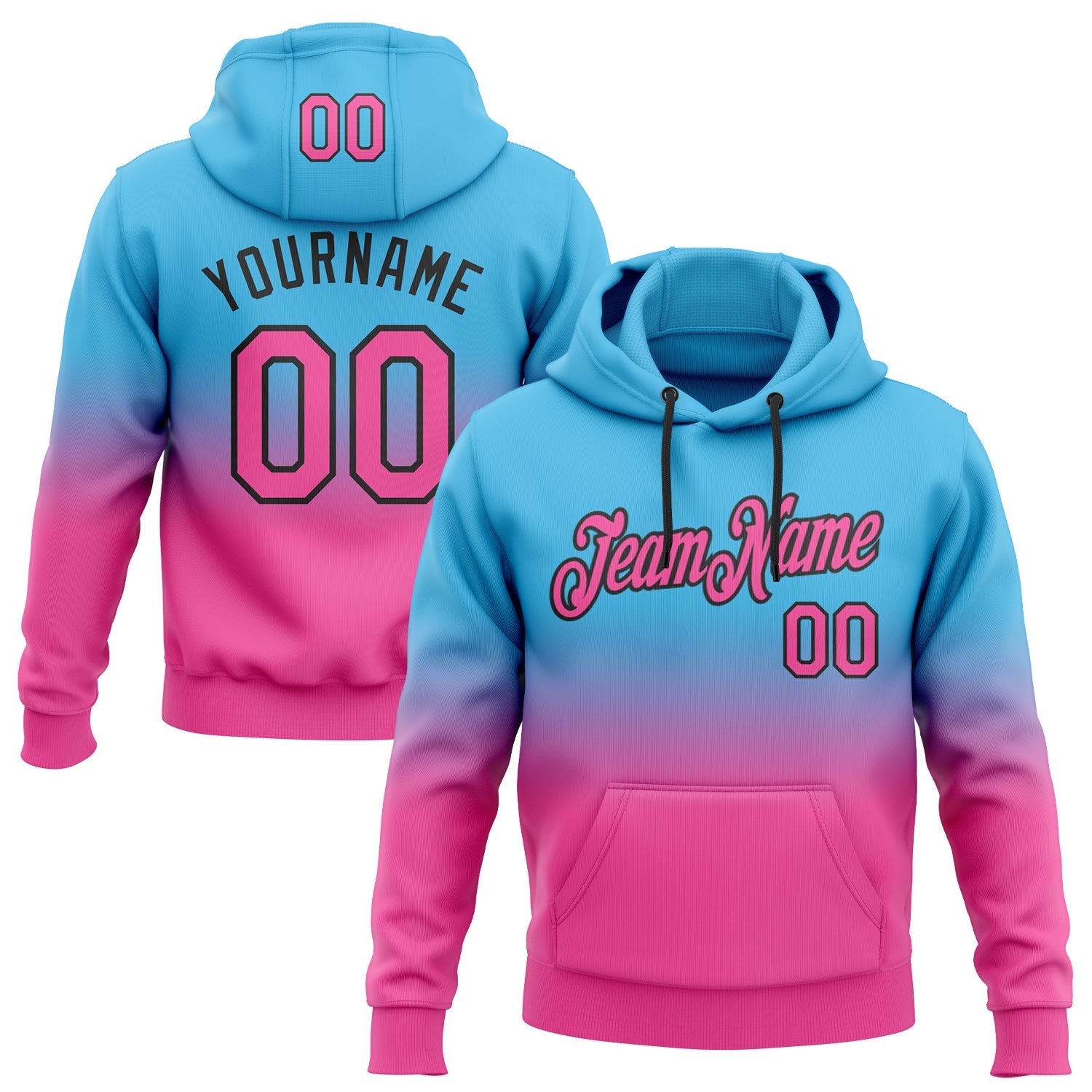 Custom Sky Blue Pink-Black Fade Fashion Sports Pullover Sweatshirt Hoodie