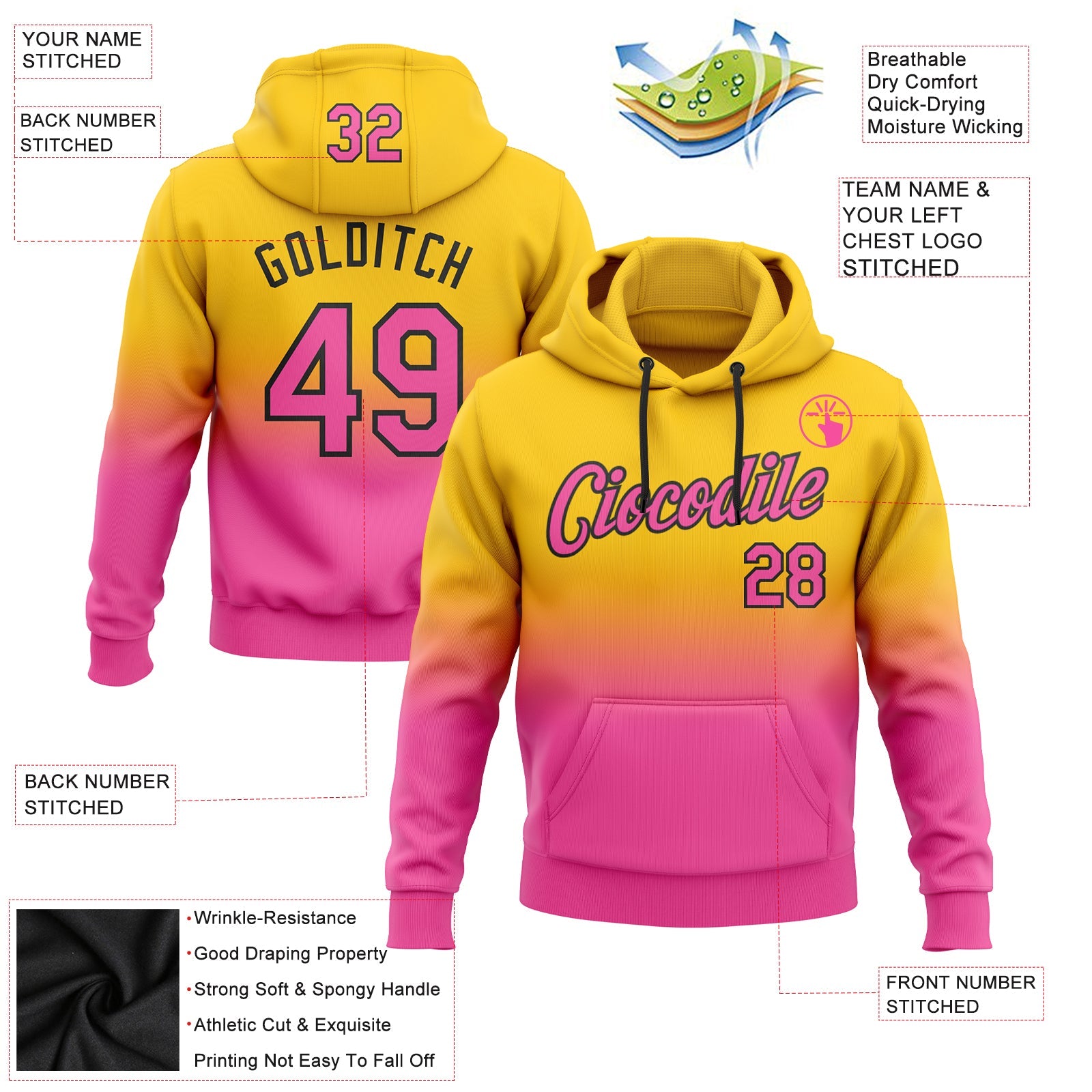 Custom Yellow Pink-Black Fade Fashion Sports Pullover Sweatshirt Hoodie