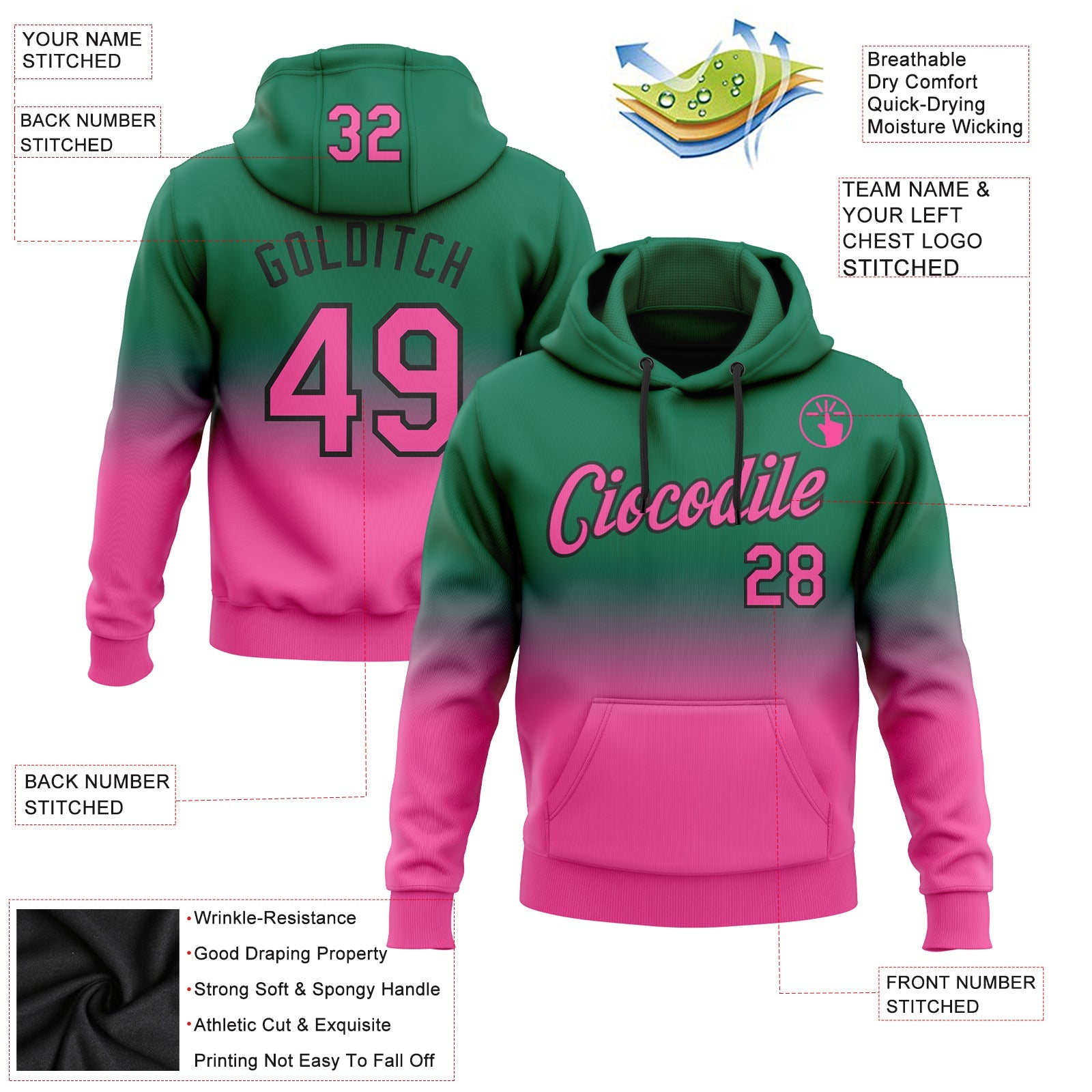 Custom Kelly Green Pink-Black Fade Fashion Sports Pullover Sweatshirt Hoodie