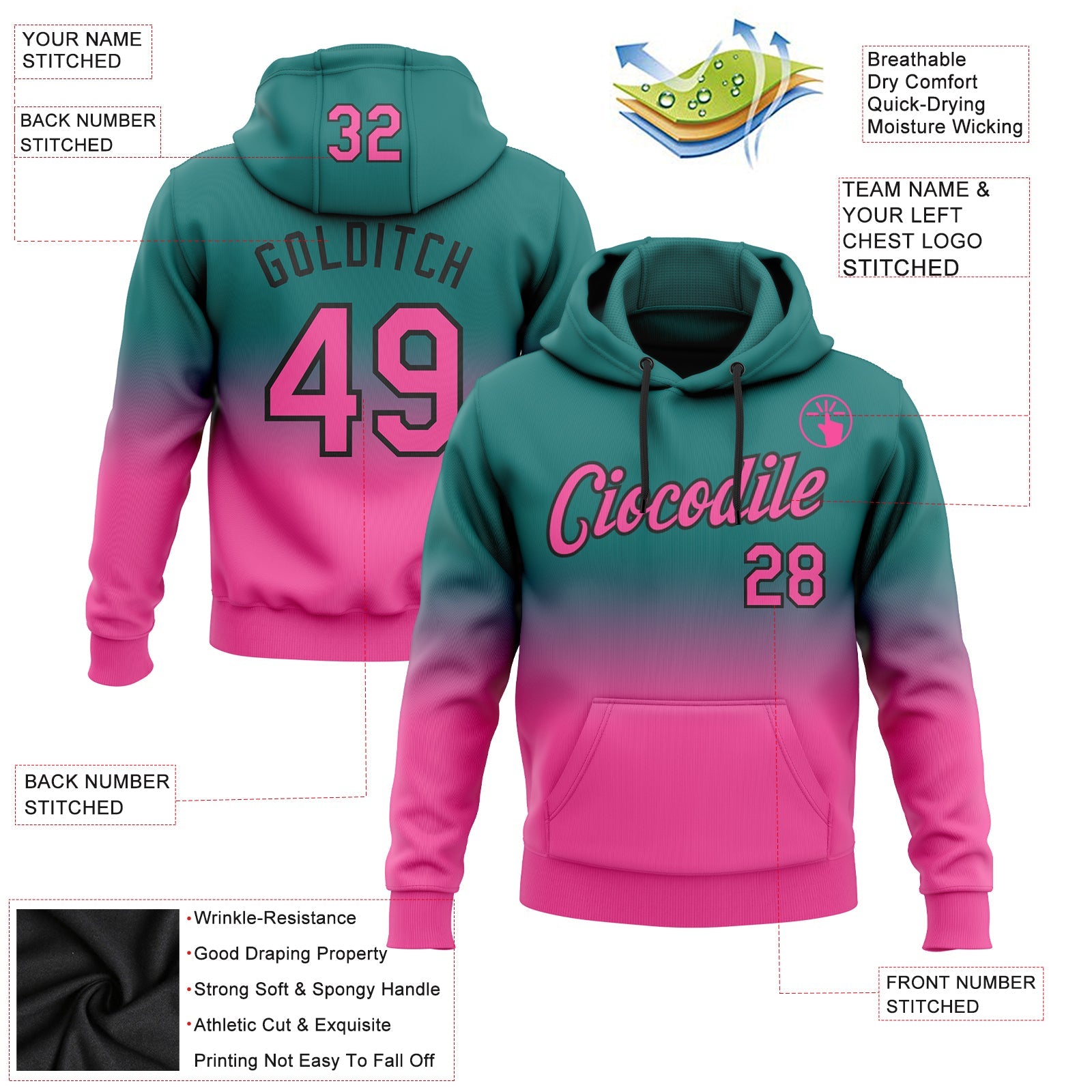 Custom Teal Pink-Black Fade Fashion Sports Pullover Sweatshirt Hoodie