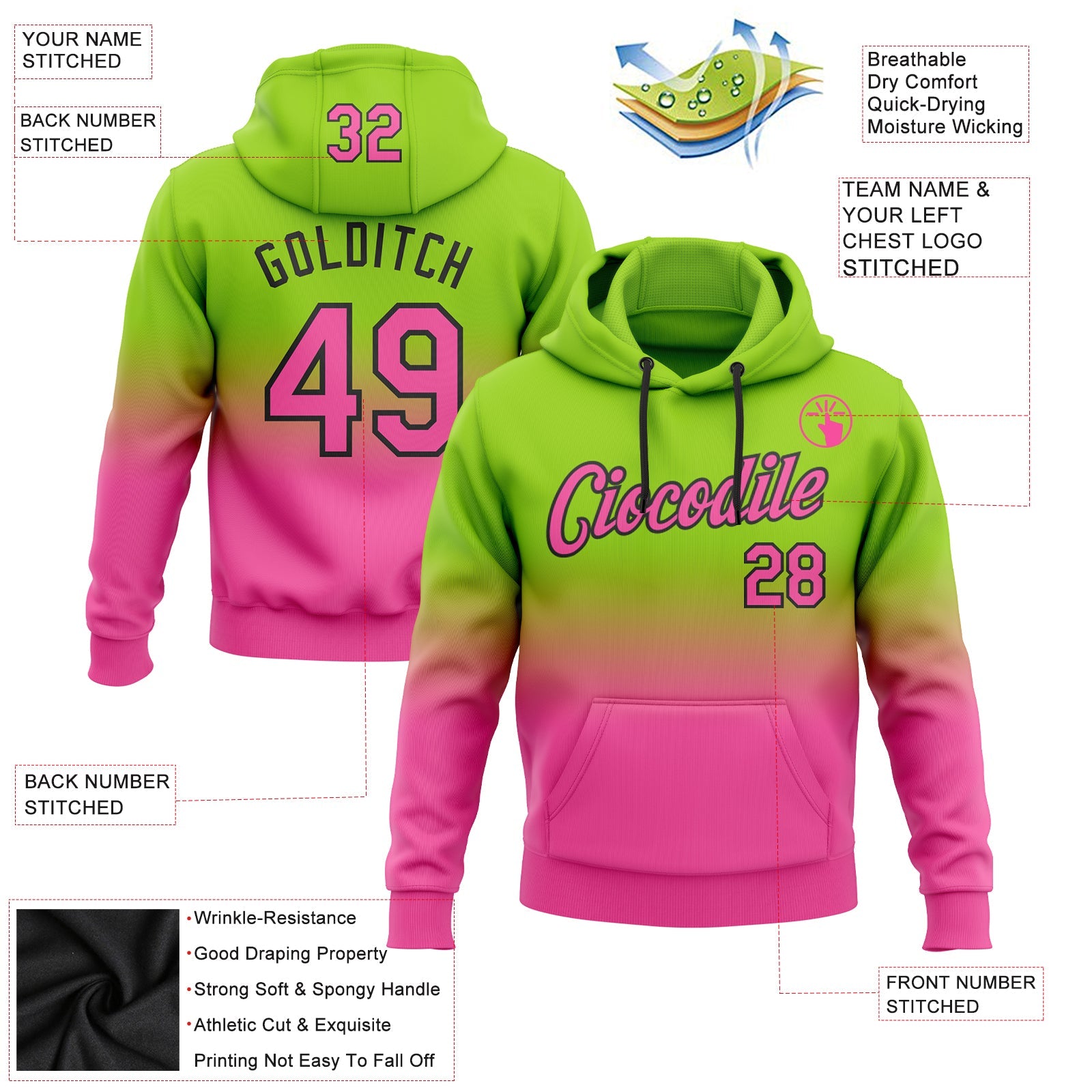 Custom Neon Green Pink-Black Fade Fashion Sports Pullover Sweatshirt Hoodie
