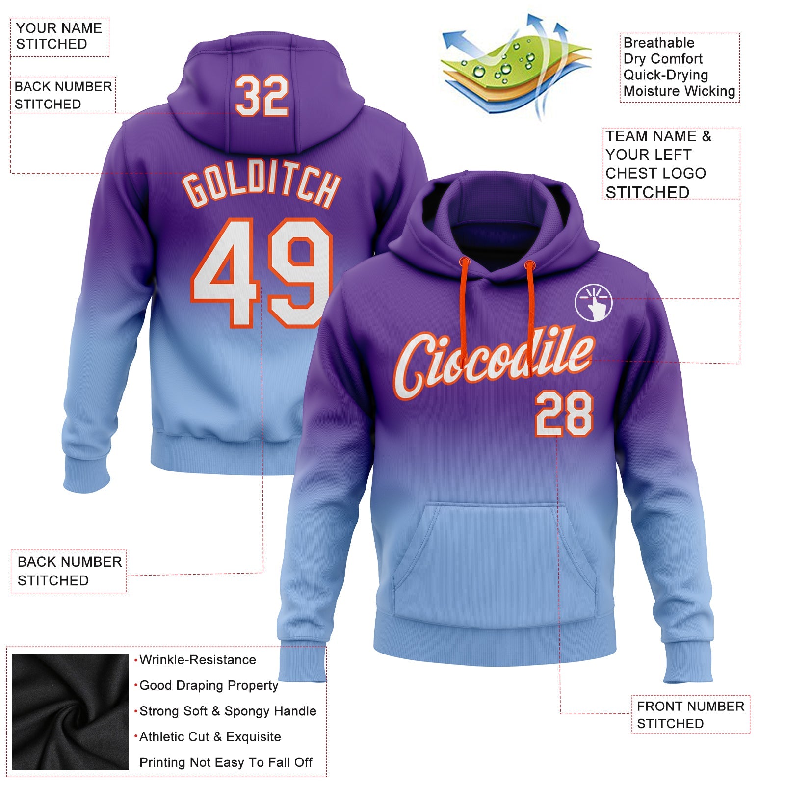 Custom Purple White Light Blue-Orange Fade Fashion Sports Pullover Sweatshirt Hoodie